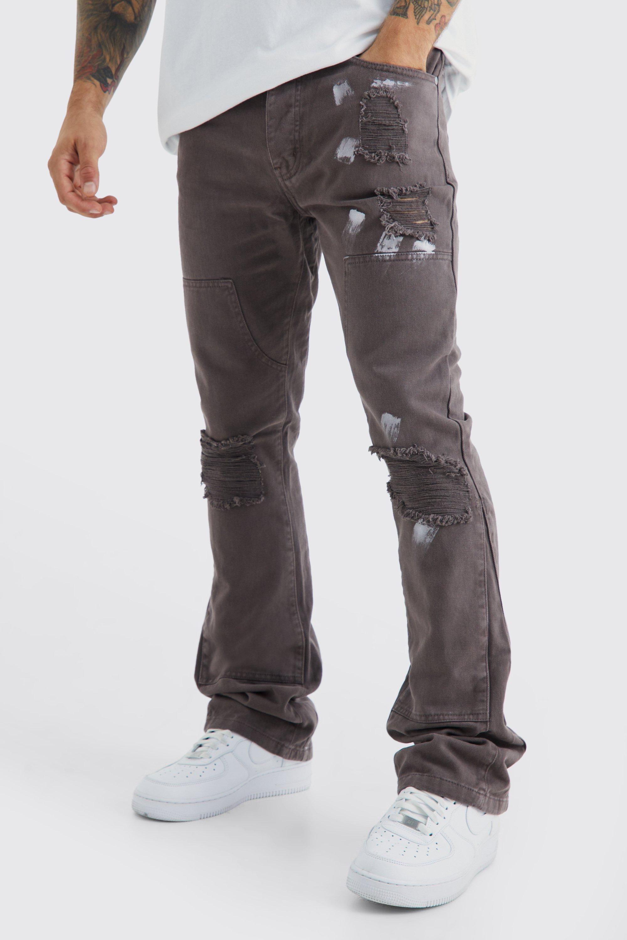 Mens Grey Slim Worker Panel Paint Splatter Jeans, Grey